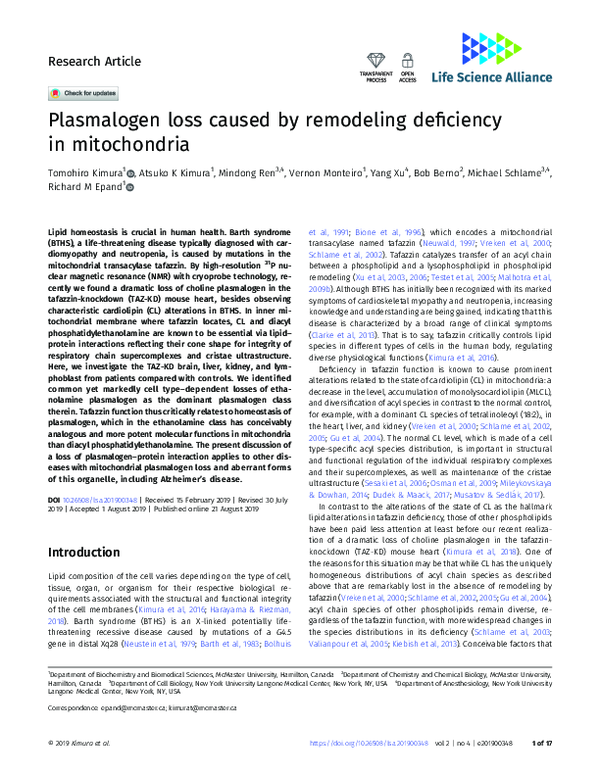 (PDF) Plasmalogen loss caused by remodeling deficiency in mitochondria