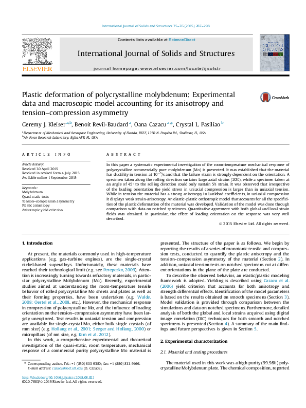 (PDF) Plastic deformation of polycrystalline molybdenum: experimental ...