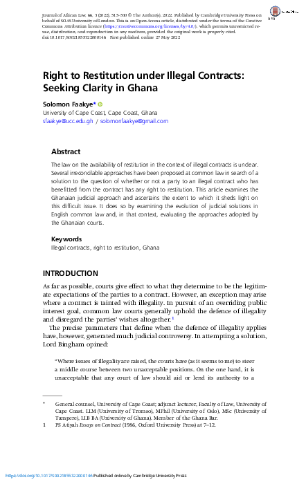 (PDF) Right to Restitution under Illegal Contracts: Seeking Clarity in ...