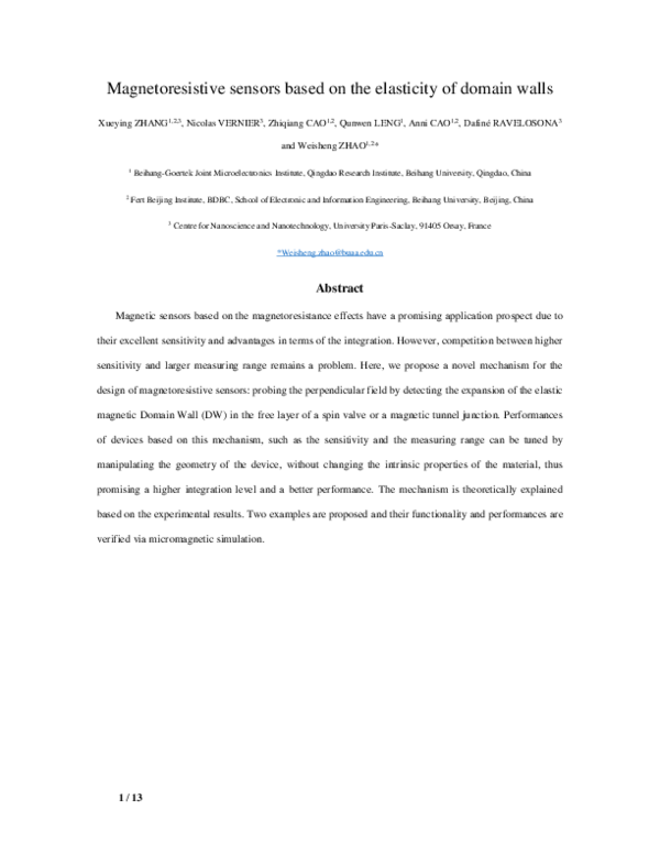 (PDF) Magnetoresistive sensors based on the elasticity of domain walls