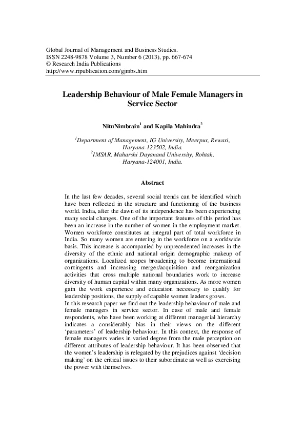 (PDF) Leadership Behaviour of Male Female Managers in Service Sector