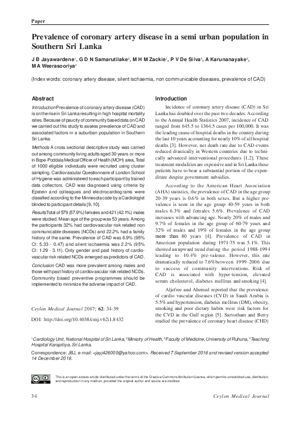 (PDF) Prevalence of coronary artery disease in a semi urban population ...