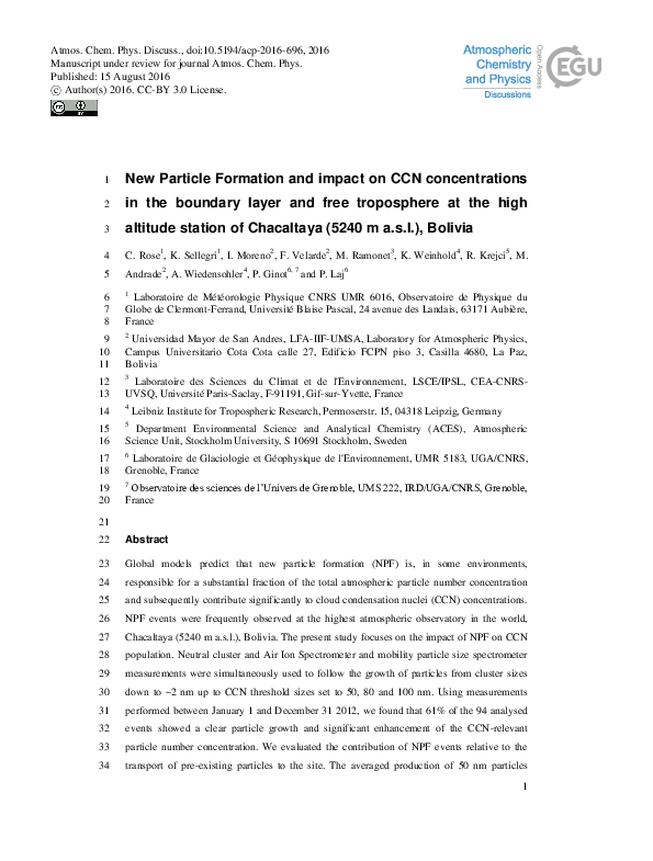 (PDF) New Particle Formation and impact on CCN concentrations in the ...