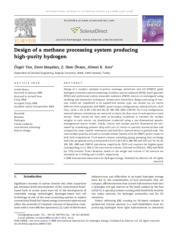 (PDF) Design of a methane processing system producing high-purity hydrogen
