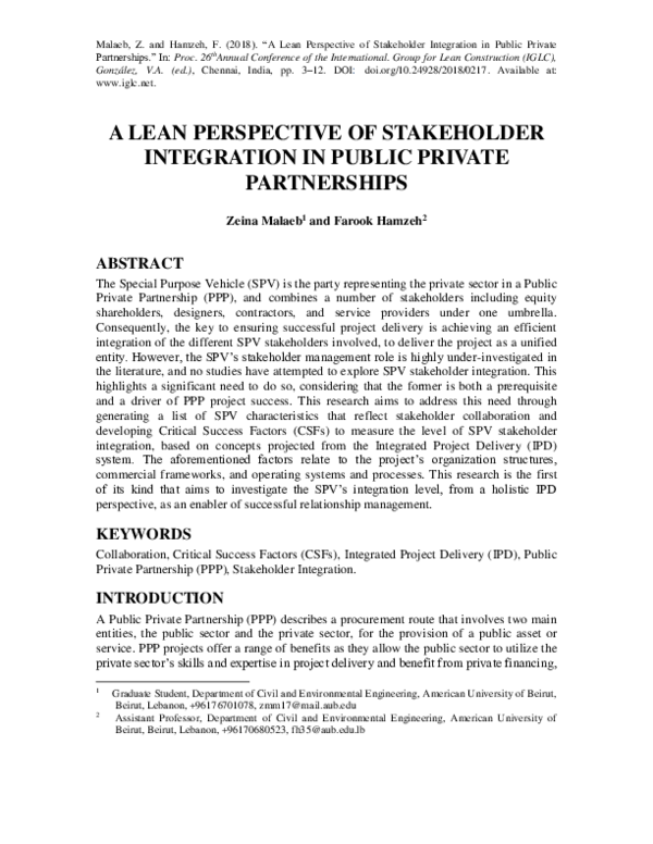 (PDF) A Lean Perspective of Stakeholder Integration in Public Private ...