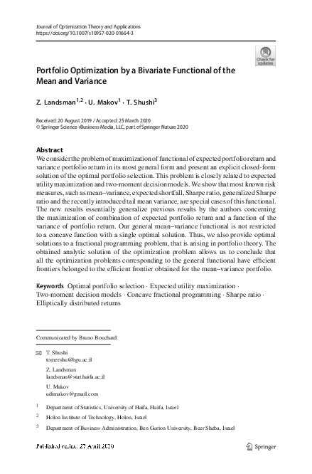 (PDF) Portfolio Optimization by a Bivariate Functional of the Mean and ...