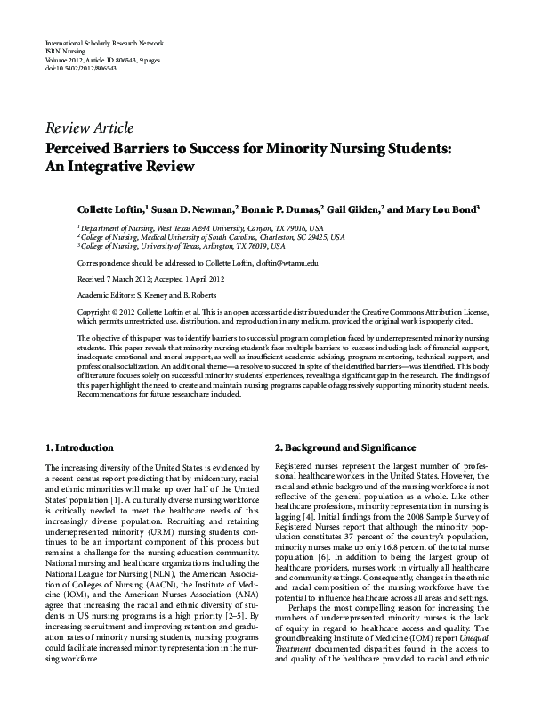 Pdf Perceived Barriers To Success For Minority Nursing Students An