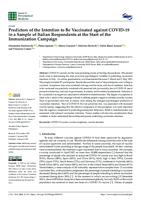 (PDF) Predictors of the Intention to Be Vaccinated against COVID-19 in ...