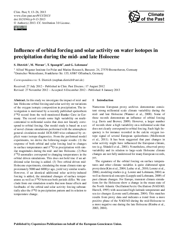 (PDF) Influence of orbital forcing and solar activity on water isotopes ...