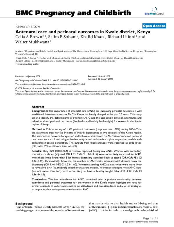 (PDF) Antenatal care and perinatal outcomes in Kwale district, Kenya