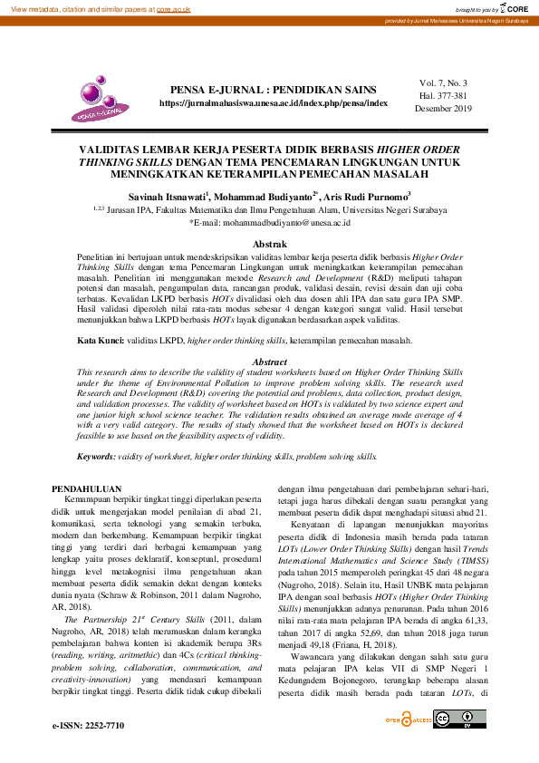 (PDF) Validitas Lembar Kerja Peserta Didik Berbasis Higher Order