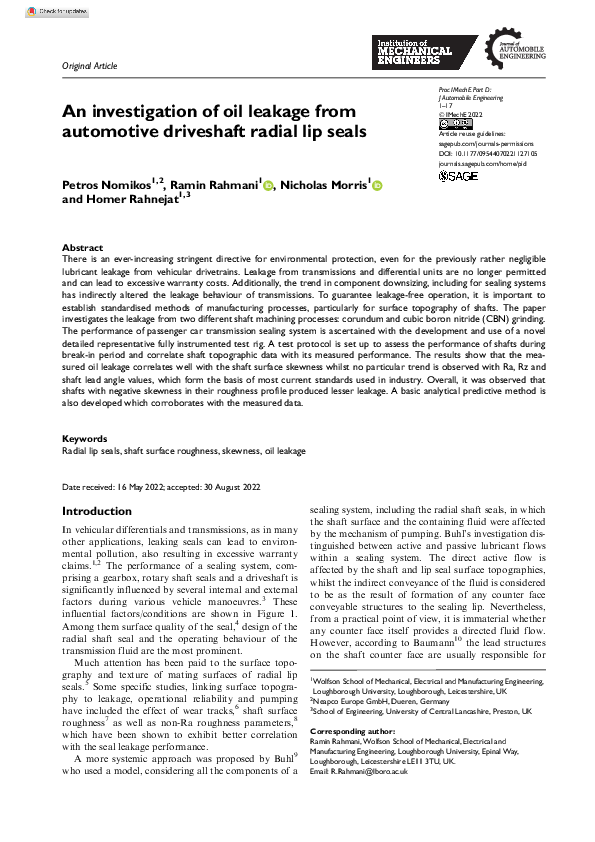 (PDF) An investigation of oil leakage from automotive driveshaft radial ...