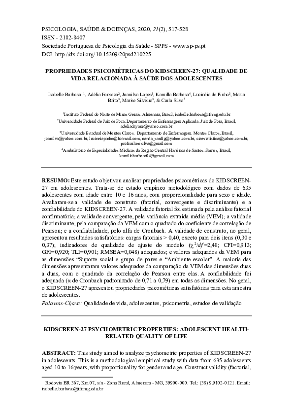 (PDF) KIDSCREEN-27 Psychometric Properties: Adolescent Health-Related ...