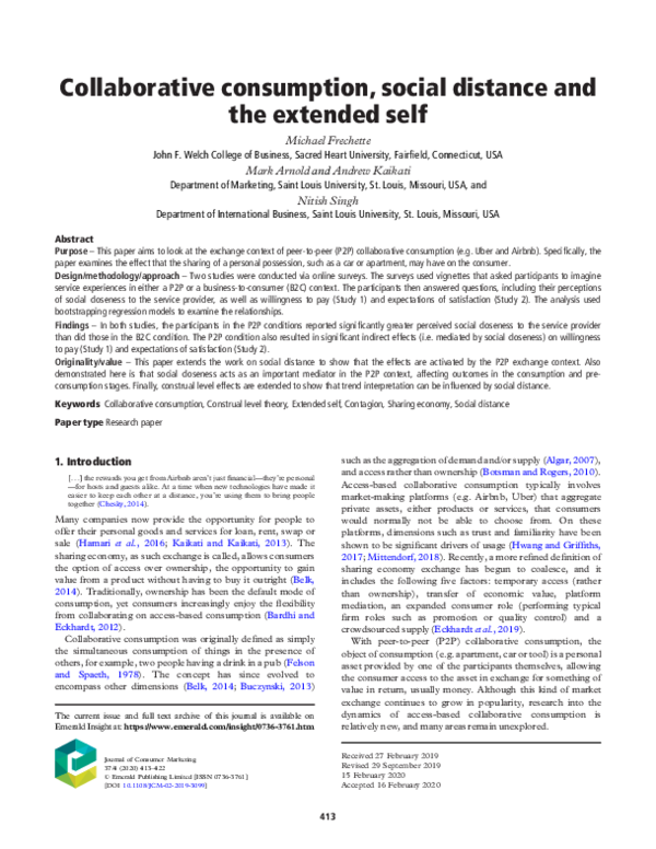 (PDF) Collaborative consumption, social distance and the extended self