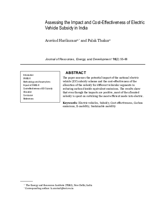 (PDF) Assessing the Impact and CostEffectiveness of Electric Vehicle Subsidy in India palak