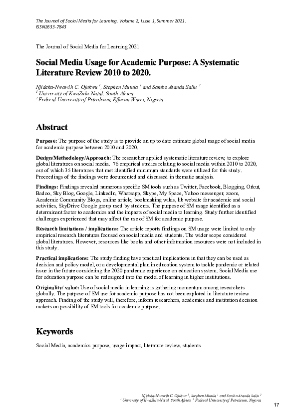 (PDF) Social Media Usage for Academic Purpose: A Systematic Literature ...