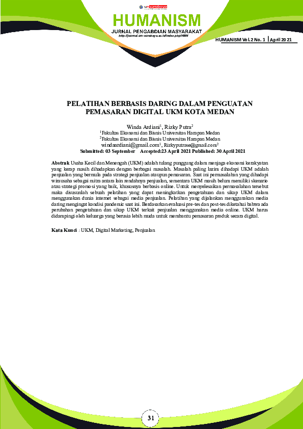 Pelatihan Berbasis Daring Dalam Penguatan Pemasaran Digital UKM Kota Medan