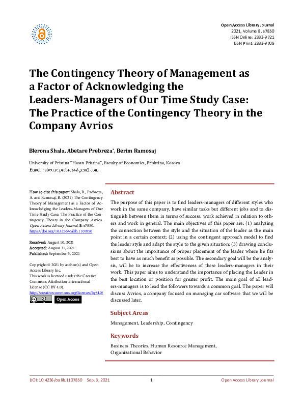 (PDF) The Contingency Theory of Management as a Factor of Acknowledging ...