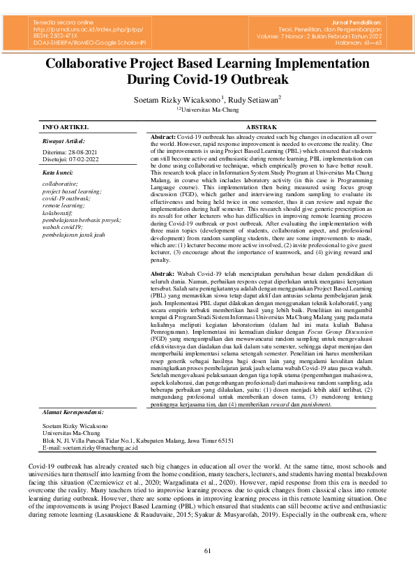 (PDF) Collaborative Project Based Learning Implementation During Covid ...