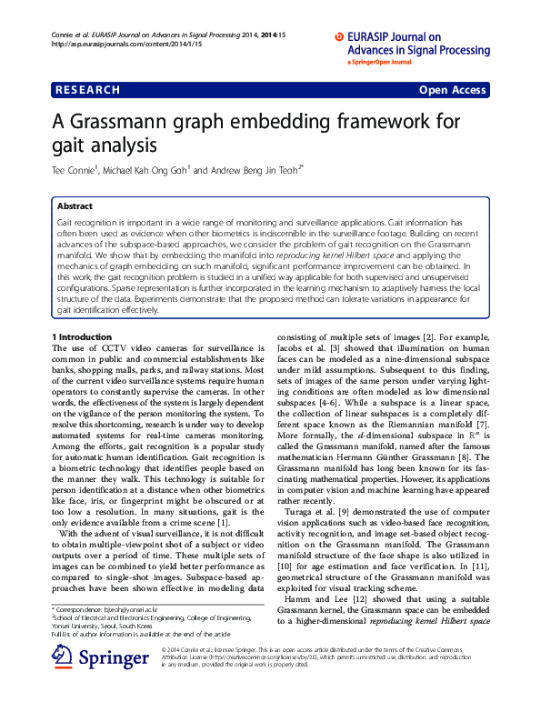 (PDF) A Grassmann graph embedding framework for gait analysis