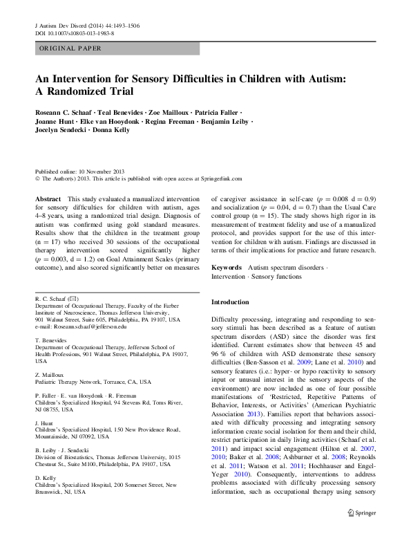 (PDF) An Intervention for Sensory Difficulties in Children with Autism ...