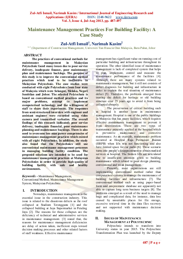(PDF) Maintenance management practices for building maintenance: case ...