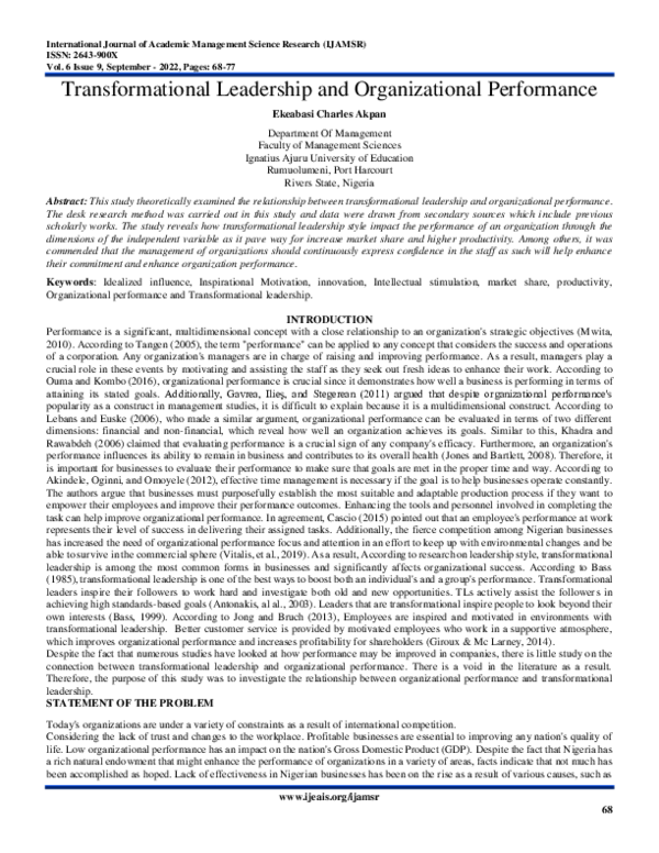 (PDF) Transformational Leadership and Organizational Performance