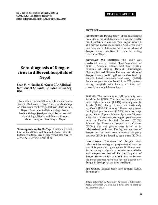 (PDF) Sero-diagnosis of Dengue virus in Different Hospitals of Nepal