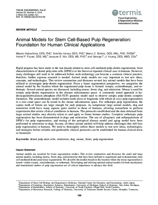 (PDF) Animal Models for Stem Cell-Based Pulp Regeneration: Foundation ...