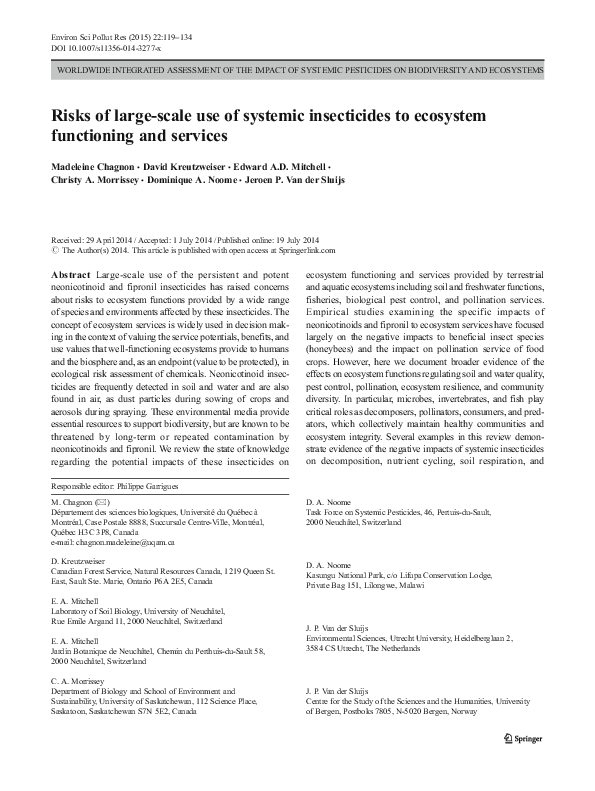 (PDF) Risks of large-scale use of systemic insecticides to ecosystem ...