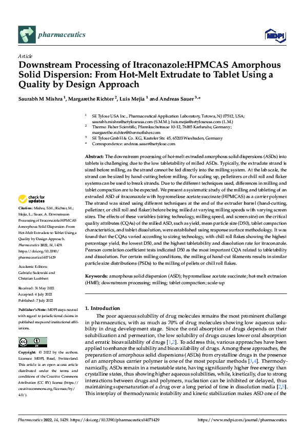 (PDF) Downstream Processing of Itraconazole:HPMCAS Amorphous Solid ...