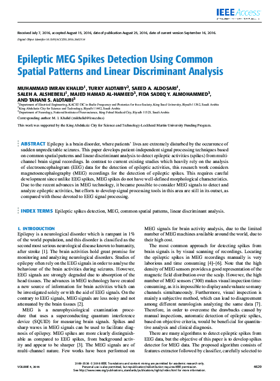 (PDF) Epileptic MEG Spikes Detection Using Common Spatial Patterns and ...