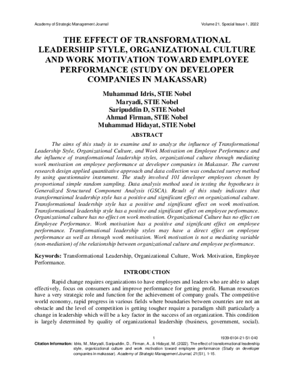 (PDF) The Effect of Transformational Leadership Style, Organizational ...