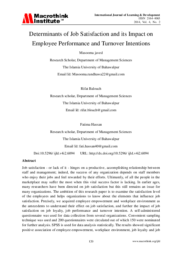 (PDF) Determinants of Job Satisfaction and its impact on Employee ...