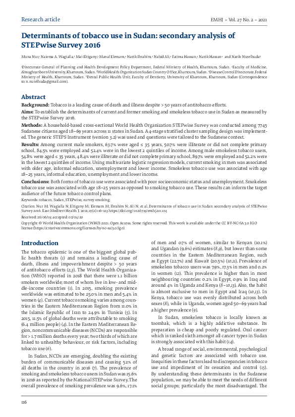 (PDF) Determinants of tobacco use in Sudan: secondary analysis of ...