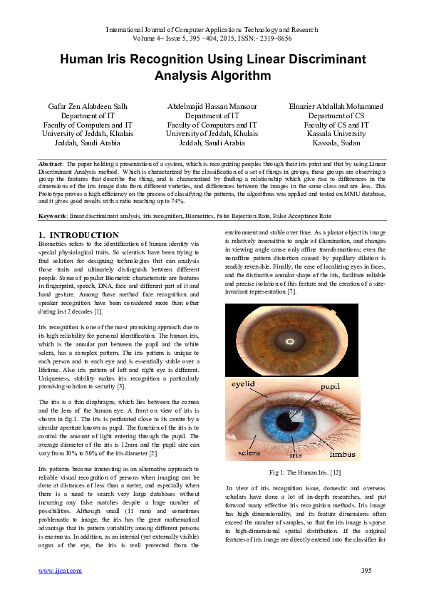 (PDF) Human Iris Recognition Using Linear Discriminant Analysis Algorithm