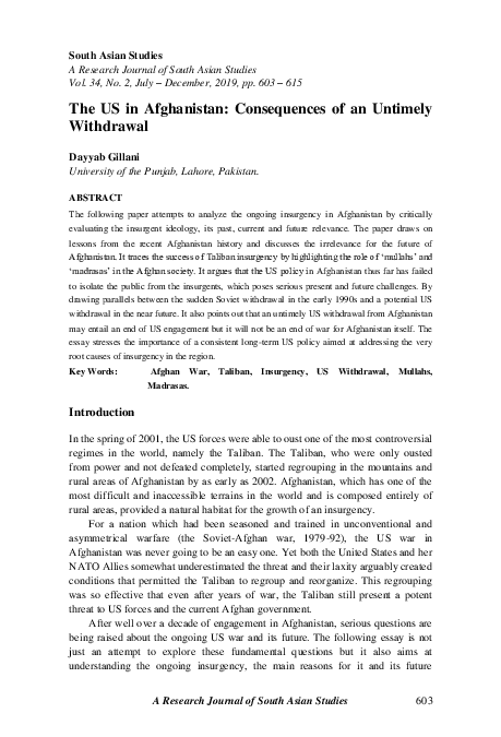 (PDF) The US in Afghanistan: Consequences of an Untimely Withdrawal