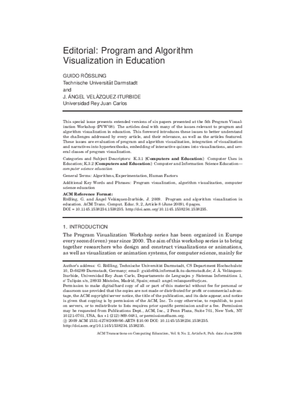 (PDF) Editorial: Program and Algorithm Visualization in Education