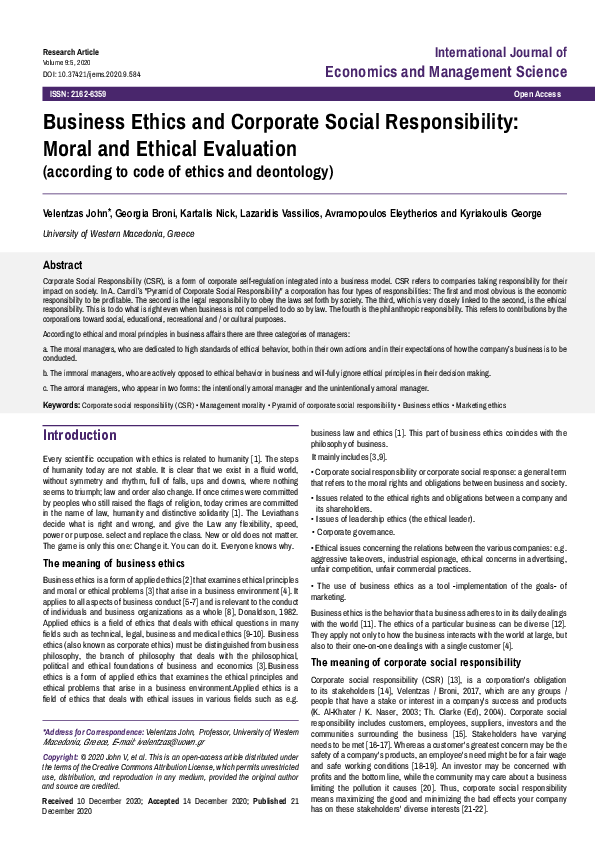 (PDF) Business Ethics and Corporate Social Responsibility: Moral and ...