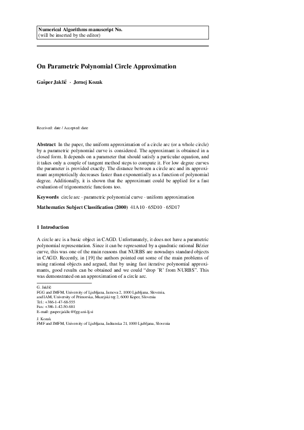 (PDF) On parametric polynomial circle approximation