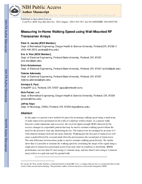 (PDF) Measuring in-home walking speed using wall-mounted RF transceiver ...