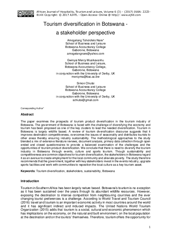 (PDF) Tourism diversification in Botswana-a stakeholder perspective