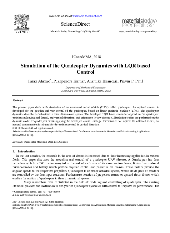 (PDF) Simulation of the Quadcopter Dynamics with LQR based Control