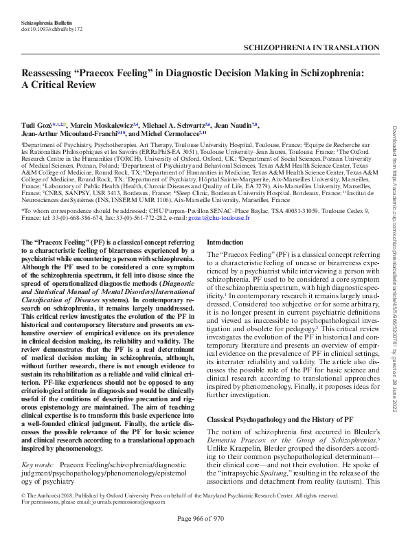 Reassessing “Praecox Feeling” in Diagnostic Decision Making in Schizophrenia: A Critical Review