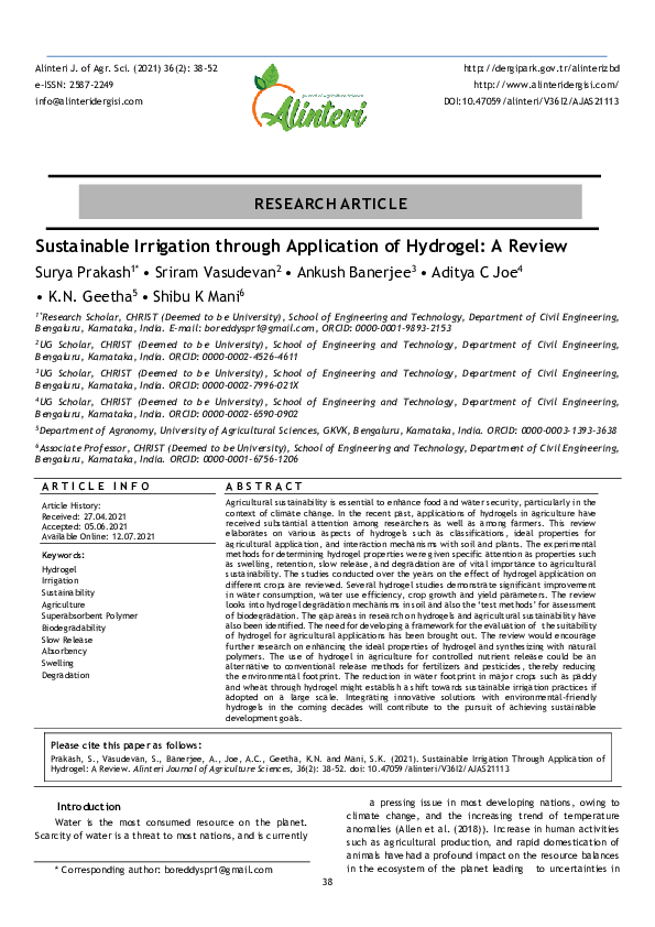 (PDF) Sustainable Irrigation through Application of Hydrogel: A Review