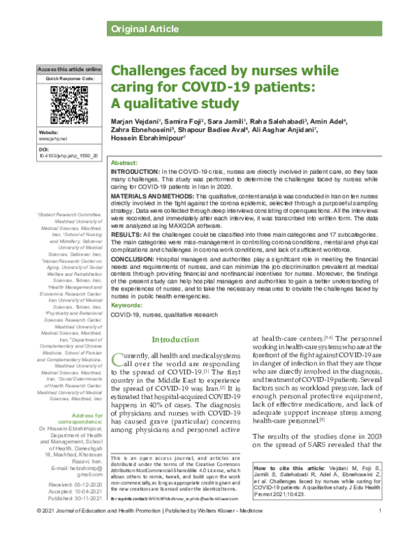 (PDF) Challenges faced by nurses while caring for COVID-19 patients: A ...