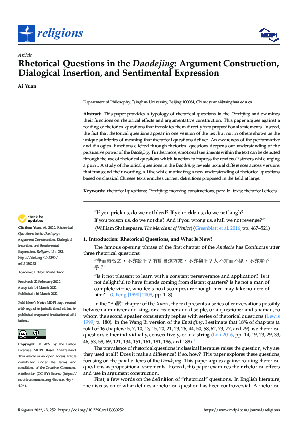 (PDF) Rhetorical Questions in the Daodejing: Argument Construction ...