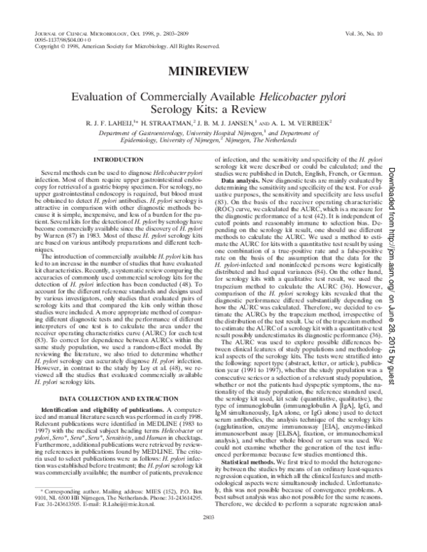 (PDF) Evaluation of Commercially Available Helicobacter pylori Serology ...