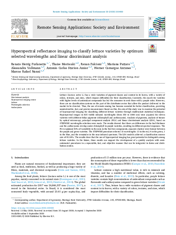 (PDF) Hyperspectral reflectance imaging to classify lettuce varieties ...