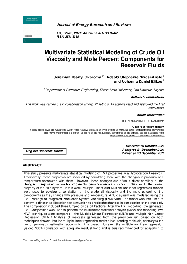 (PDF) Multivariate Statistical Modeling of Crude Oil Viscosity and Mole ...